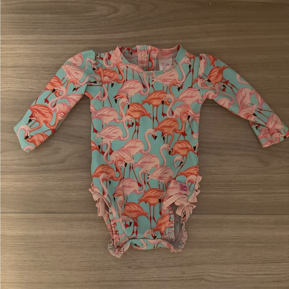 Ruffle Butts Pink and Blue Flamingo One Piece 6-12 months